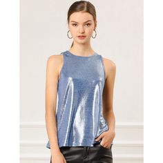 Your glittering personality will shine through in this breezy stretchy metallic flashing round-neck top. A finely smooth top is cut in a chic swing silhouette to make you shine on any occasion in this stylish tank top. It's a nice choice for different parties. Shimmering golden threads make this lightweight, fine-gauge top truly shine. Cut from soft semi-shiny stretch fabric, this lightweight tank top keeps you cool and makes you chic. Shiny Disco Style Top For Evening, Metallic Shiny Top For Party Season, Glamorous Shiny Stretch Tops, Shiny Sleeveless Tank Top For Party, Metallic Shine Tops For Night Out, Summer Party Tops With Sheen, Spring Party Tops With Sheen, Shiny Sleeveless Top For Night Out, Metallic Shiny Top For Party