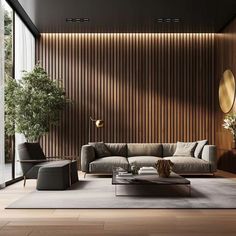 a modern living room with wood paneling on the walls and furniture in the center