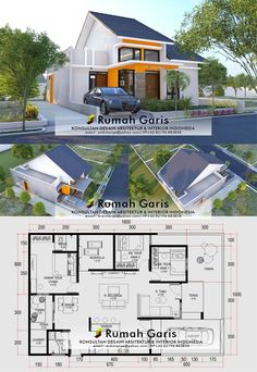 two story house plan with 3 bedroom and 2 bathrooms in the front, an open floor plan