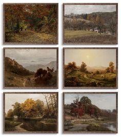 four paintings of different types of trees in the fall and winter, each with their own landscape