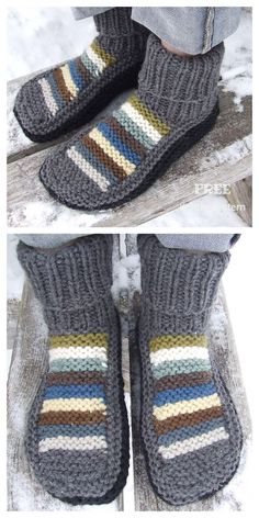 two pictures of someone's feet in knitted slippers on the snow covered ground