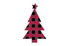 a red and black plaid christmas tree with a star on it's top is shown