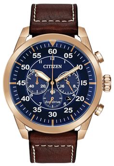 Citizen Avion Eco-Drive Rose Gold Blue Dial Watch | Citizen Citizen Watches For Men, Mens Accessories Rings, Mens Watches Citizen, Citizen Watches, Eco Drive Watches, Brown Leather Strap Watch, Mens Chronograph, Citizen Watch, Citizen Eco