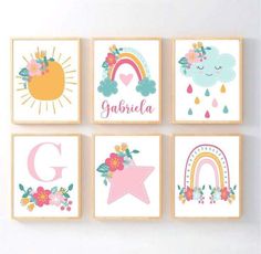 four children's wall art prints with flowers and rainbows