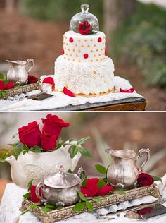 there are two pictures of a wedding cake and teapots with roses on them