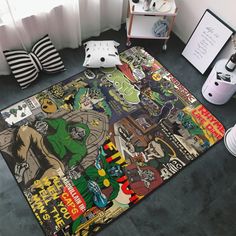 an area rug with comic covers on the floor