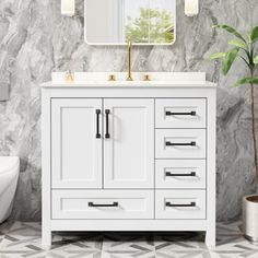 This freestanding single vanity brings clean, classic lines to your bathroom or guest room. It has an eco-friendly MDF and plywood base and a white ceramic countertop, with one ceramic undermount sink for your morning and evening routine. This vanity's inset paneling gives your space depth. Store bathroom essentials and cleaning supplies in its one double-door cabinet and five functional drawers - all with soft-close door hinges and drawer glides. Plus, it comes with a matching mirror for a prop Modern Sink Vanity, Engineered Stone Countertops, Ceramic Undermount Sink, Stone Bathroom, Stone Sink, Sink Top, Brass Faucet, Evening Routine, Engineered Stone