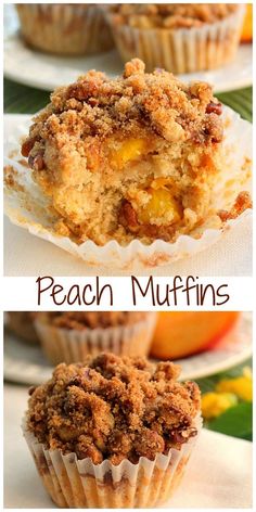 peach muffins with crumbled topping on top and below the words peach muffins