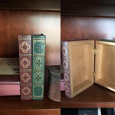 two books are sitting on a shelf next to an open bookcase with one opened and the other closed