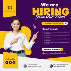 a purple and yellow business flyer with a woman pointing to the right, in front of a