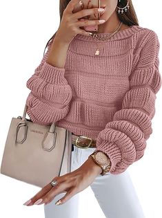 Elevate your winter wardrobe with this stunning KIRUNDO sweater. The 2023 fashion fall/winter collection offers a stylish and comfortable pullover in a beautiful pink color. The sweater features trendy puff sleeves, a crew neckline and is made from high-quality materials. Ideal for casual wear, this sweater is versatile and can be paired with your favorite jeans or leggings. The size is regular and is suitable for women who wear a size Small. Add this fashionable item to your collection today. Fall Sweaters For Women, Loose Fit Sweater, Oversized Sweater Women, Women Sweaters Winter, Womens Sweaters, Long Sleeve Pullover Sweater, Cute Blouses, Womens Crewneck, Pullover Sweater Women