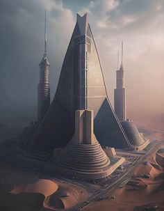 an unusual building in the middle of a desert with two spires on each side