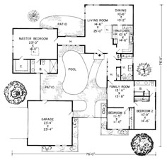 Ranch Style House Plan - 3 Beds 2 Baths 2194 Sq/Ft Plan #312-505 - Houseplans.com Courtyard Planning Concept, House Plans With Courtyard In The Middle, Pool Courtyard, Courtyard Backyard, Central Plaza