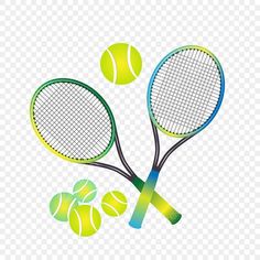 two tennis racquets and three balls on a transparent background