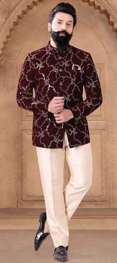 Red and Maroon color Jodhpuri Suit in Velvet fabric with Embroidered, Sequence, Thread work Jodhpuri Blazer For Men, Red Semi-stitched Sherwani With Dabka Work, Semi-stitched Red Sherwani With Dabka Work, Red Semi-stitched Suit For Formal Occasions, Red Dupatta With Resham Embroidery For Formal Events, Red Dupatta With Dabka Work For Formal Occasions, Designer Red Sherwani With Dupatta, Ceremonial Red Sherwani With Dabka Work, Red Unstitched Suit With Resham Embroidery For Formal Occasions