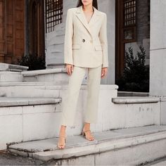 Partially Lined, Notched Lapels, Signature Button Closure, Flap Pockets, Vented Back. Bust 36”, Sleeve 24”, Shoulder 16”, Length 28”. Tailored Fall Pantsuit With Hidden Button Closure, Tailored Pantsuit With Suit Collar For Fall, Fall Workwear Pantsuit With Suit Collar, Chic Single-breasted Long Sleeve Pantsuit, Chic Long Sleeve Single Breasted Pantsuit, Chic Notch Lapel Pantsuit With Double Button, Elegant Long Sleeve Fall Pantsuit, Fall Workwear Pantsuit With Lapel Collar, Long Sleeve Pantsuit With Button Closure For Business