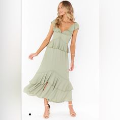 Brand New Dress In Moss Green Crisp Size Extra Small ! Flowy Flirty Midi Dress With Ruffles, Flirty Flowy Midi Dress With Ruffles, Flirty Ruffled Midi Dress For Garden Party, Flowy Midi Dress With Ruffle Hem And Straps, Flowy Midi Dress With Ruffle Hem And Ruffled Straps, Flirty Flowy Maxi Dress With Ruffles, V-neck Midi Dress With Ruffled Skirt For Spring, Flowy Chiffon Midi Dress With Ruffles, Flirty Midi Dress With Ruffles