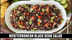 two pictures with different types of food in them, one is black bean salad and the other has cucumbers