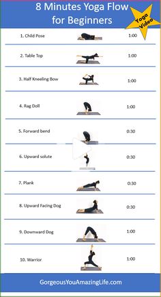 the 8 minute yoga flow for beginners is shown in this chart with instructions to do it