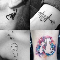 four different tattoos on the side of women's stomachs, including cats and dogs