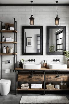 The perfect marriage of blackened steel and weathered wood creates an industrial masterpiece that's both edgy and invitingIndustrialChic BathroomDesign SteelAndWood Industrial Bathroom Shelves, Small Modern Rustic Bathroom, Industrial Farmhouse Decor Ideas, Industrial Bathroom Ideas, The Perfect Marriage, Industrial Bathroom, Industrial Interior Design, Blackened Steel, Urban Industrial