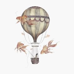 a drawing of a hot air balloon with fish in it and a man inside the balloon