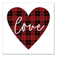 a red and black plaid heart with the word love written in white letters on it