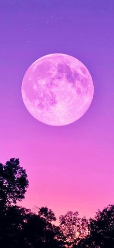 the full moon is shining brightly in the purple sky