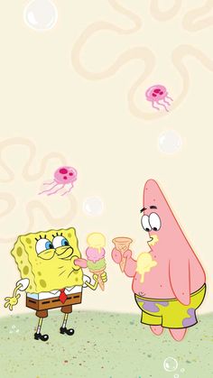 spongebob and his friend are blowing bubbles in the air while one is holding an ice cream cone