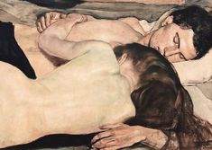 a painting of two people sleeping on a bed