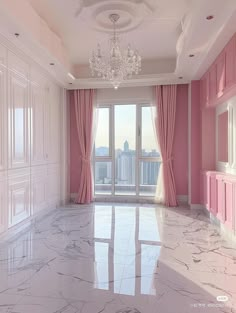 an empty room with pink walls and marble flooring, chandelier hanging from the ceiling