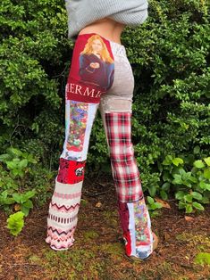 Custom Patchwork Upcycled T Shirt Leggings Pants Flares One of - Etsy Patchwork Pants Diy, Upcycle Leggings, Upcycle T Shirts, T Shirt Upcycle, Yoga Festival, Funky Pants, Recycle Old Clothes, Boho Street Style, Upcycle Tshirt