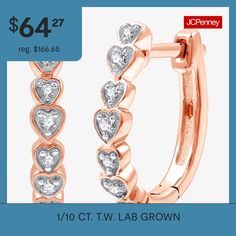 # Pieces In Set: 1 PairDiamond Clarity: I2-I3Earring Back: HingedSetting: PaveShape: HeartStone Cut: RoundDiamond Color: G-HMetal Color: RoseEarring Length: 15.5mmEarring Width: 13.3mmRounded Carat Weight: 1/10 Ct. T.w.Care: Wipe CleanStone Type: 14 Lab Grown DiamondAuthenticity: Lab Grown DiamondBirthstone: April BirthstoneEarrings Style: Hoop EarringsMetal: Sterling Silver, 14k Rose Gold Over SilverCountry of Origin: Imported Round Huggie Earrings For Valentine's Day Anniversary, Valentine's Day Round Huggie Earrings For Anniversary, Rose Gold Heart Hoop Earrings For Anniversary, Rose Gold Hoop Jewelry For Valentine's Day, Rose Gold Huggie Jewelry For Valentine's Day, Heart Hoop Earrings, White Diamond, Lab Grown, Hoop Earrings