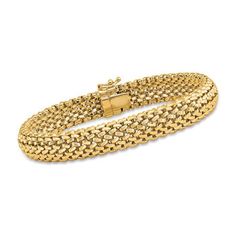 Ross-Simons - 14kt Yellow Gold Mesh Bracelet. 7.25". Refresh your fine collection with marvelous mesh! Always a favorite, this 14kt yellow gold mesh bracelet makes a stylish statement on the wrist. At 3/8" wide, it's compelling all on its own or a classic addition to any stack of arm candy. Figure 8 safety. Box clasp, 14kt yellow gold mesh bracelet. Safety Box, Fine Jewelery, Mesh Bracelet, Figure 8, Box Clasp, Bracelet For Women, Arm Candy, Bracelet Making, Rope Bracelet