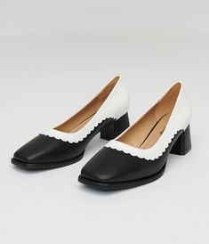 These delightful 1950s style pumps are a must-have addition to any stylish shoe collection. Crafted from a beautiful black leatherette with a white faux scallop lace frill detail for an extra dose of elegance! Complete with a square shaped toe and 2 inch heels..Available in sizes 36-41 while supplies last. | Unique Vintage 1950S Black & White Square Toe Pumps | Size 39 1950s Style, White Square, 2 Inch Heels, 1950s Fashion, Scalloped Lace, Stylish Shoes, Vintage 1950s, Shoe Collection, Unique Vintage