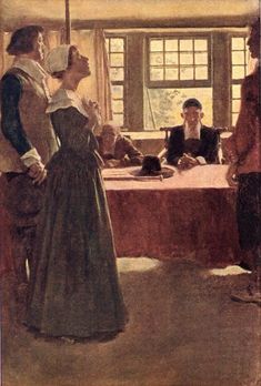 a painting of people standing around a table in front of a window with the caption, she stood up serene but hero