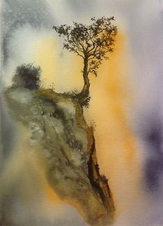 an abstract painting of a tree on a hill