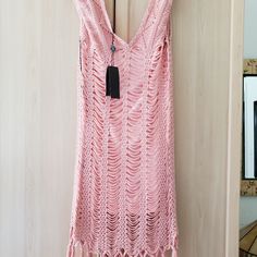 Beautiful Crochet Fringe Dress With Satin Like Lining Pink Fitted Beachwear Dress, Fitted Pink Beachwear Dress, Pink Knee-length Mini Dress For Beach, Pink Mini Dress For Spring Beachwear, Pink Beachwear Mini Dress For Spring, Pink Fitted Dress For Beach Cover-up, Pink V-neck Beach Cover-up Dress, Pink Beachwear Mini Dress, Pink Knee-length Mini Dress For Vacation