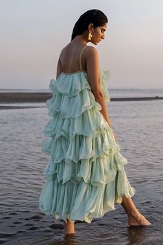 Coastal Cocktail, Mint Blue Dress, Organza Ruffle Dress, Banquet Outfit, Green Ruffle Dress, Blue Ruffle Dress, Ruffle Pattern, Organza Embroidery, Frilly Dresses