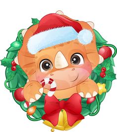 a cartoon cat wearing a santa hat and holding a candy cane in front of a wreath