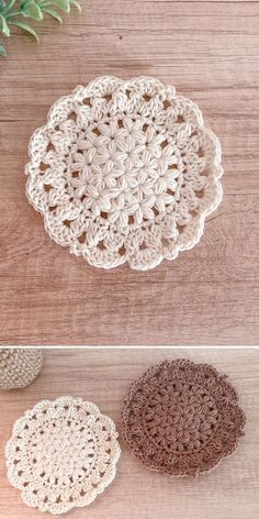 three crocheted doily sitting on top of a wooden table next to a pot holder