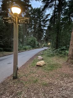 a street light sitting on the side of a road next to a lush green forest