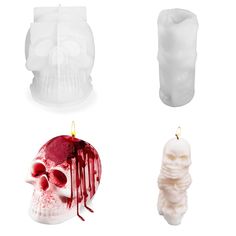 three candles that have been made to look like skull heads and one candle has melted blood on it