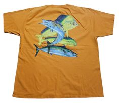 Guy Harvey Bull Dolphin Wahoo Kingfish 2007 Orange Pocket T-Shirt Fish Tee 2XL Dolphins, Collar, Orange, T Shirt