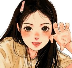 a drawing of a girl with long black hair and brown eyes holding her hand up to her ear