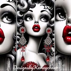 three different pictures of a woman with red lipstick and jewelry on her face, one is wearing