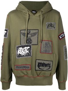 Military-green cotton patch-detailed drawstring hoodie from KTZ featuring patchwork detailing, drawstring hood, long sleeves, elasticated cuffs, elasticated hem and two side welt pockets. | Kokon To Zai Patch-Detailed Drawstring Hoodie Military Style Cotton Hoodie With Long Sleeves, Military Style Long Sleeve Cotton Hoodie, Military Style Cotton Hoodie For Fall, Green Patchwork Sweatshirt For Streetwear, Khaki Cotton Hoodie With Drawstring Hood, Green Hooded Hoodie With Drawstring, Green Military Hoodie For Fall, Military Green Hoodie For Fall, Khaki Cotton Sweatshirt With Drawstring Hood