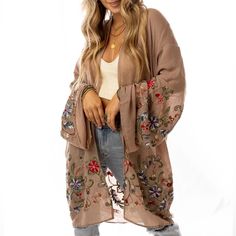 Nothing Is More Fun Than A Kimono Covered In Floral! This Perfect Layering Piece Features A Sheer Fabric In A Longline Silhouette With Accents Of Crochet Florals In Multicolors Along The Hem And Wide Sleeves. Model Is 5'8" And Wearing A One Size. 100% Polyester Os Sizing Fits Most* Sizes Us 0-18 Length: 38 In Bust Across: 25 In Sleeve Length: 17 In Sleeve Opening: 11 In Our Boutique Is Filled With A Curated Collection Of Styles: Spell Gypsy Boho Bohemian Hippie Retro Vintage Handmade Coachella F Kimono And Jeans, Embroidered Kimono, Beautiful Kimonos, Print Kimonos, Bohemian Hippie, Wrap Cardigan, Cardigan Top, Weekend Wear, Sheer Fabric