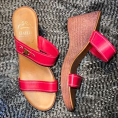 New Wedges Red Mules With Removable Insole For Summer, Red Heels With Leather Sole For Summer, Red Wedge Heels, White Wedge Heels, Red Wedge Sandals, Navy Blue Wedges, Orange Slip-on Wedge Sandals For Beach, Coral Wedges, Black Strappy Wedges