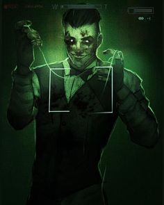 a creepy looking man with his hands up in front of him, holding a green light